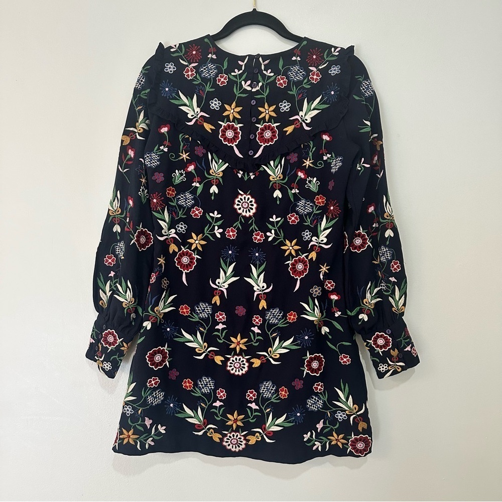 Zara Blue Full Embroidered Mini Shift Dress Size Women’s Medium Long Sleeve - Picture 8 of 15